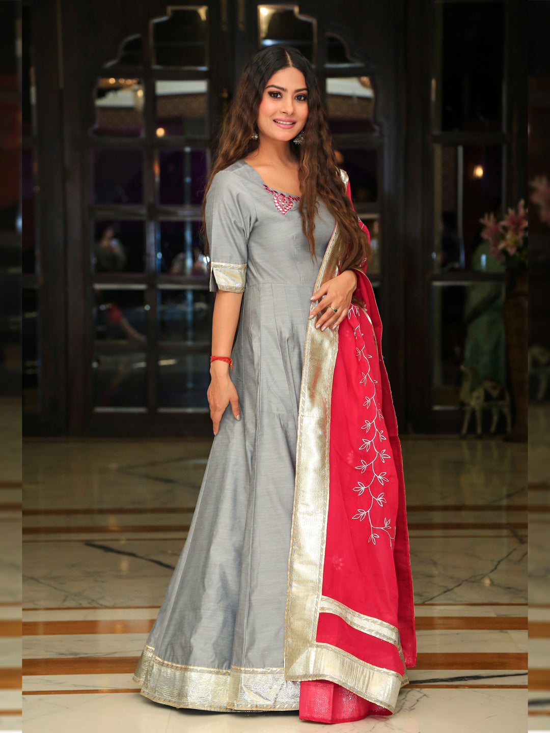 Grey Banarasi Silk Dupatta with Multicolour Weaving – Dupatta Bazaar